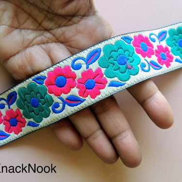 Beige, Green, Fuchsia Pink And Blue Thread Floral Embroidery One Yard Lace Trim 35mm Wide - 200317L134